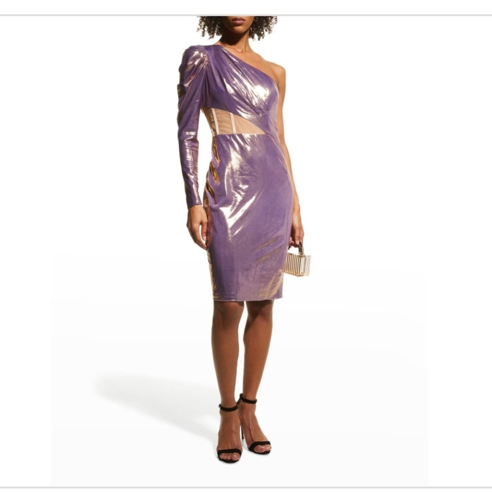 Marchesa Notte One Arm sheer cutot lilac Lame Corset Bodice Cocktail Dress size4